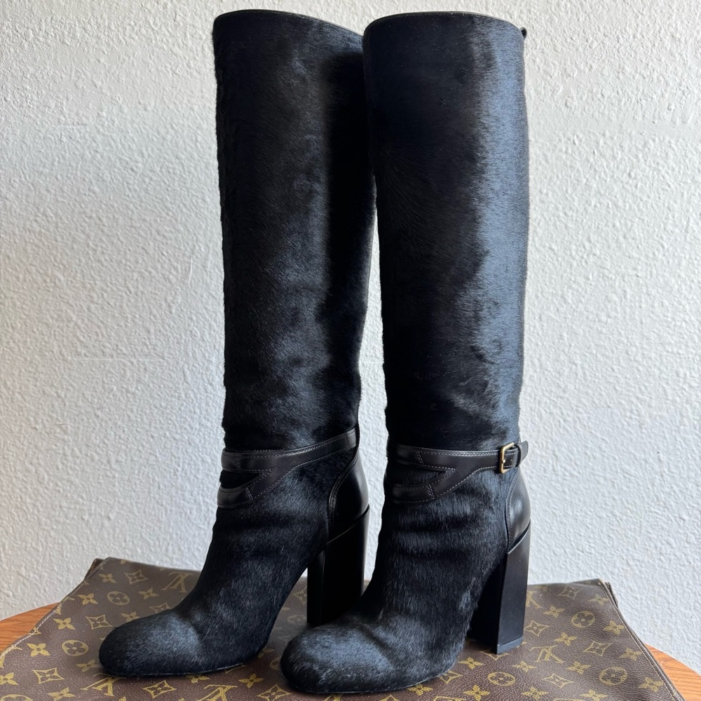 YSL Yves Saint Laurent Black Pony Hair Knee High Boots